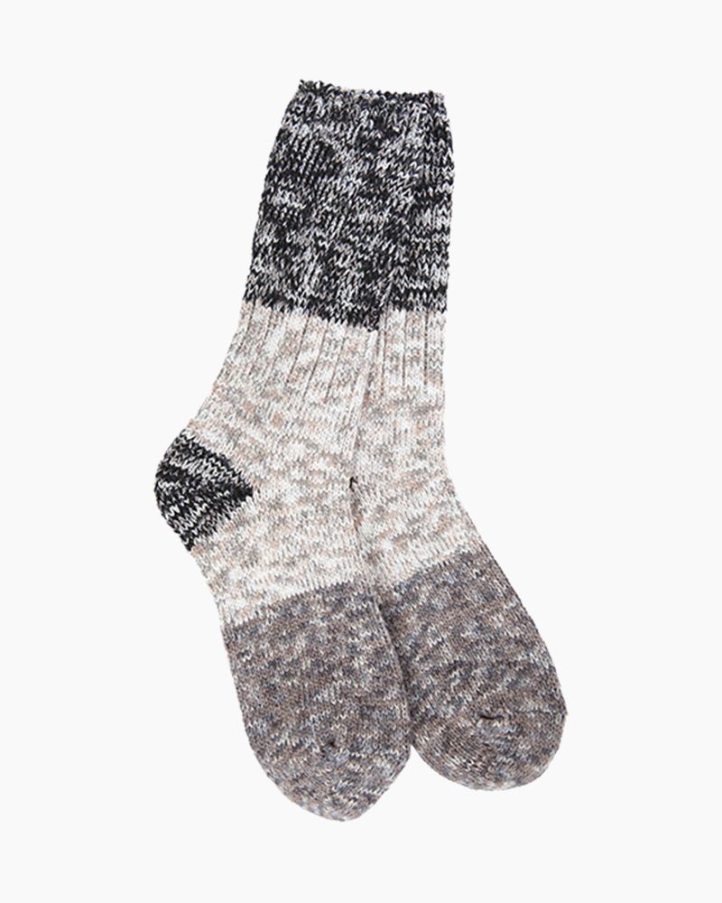 Women's marled ragg crew socks flat lay, charcoal, cream and taupe color blocks