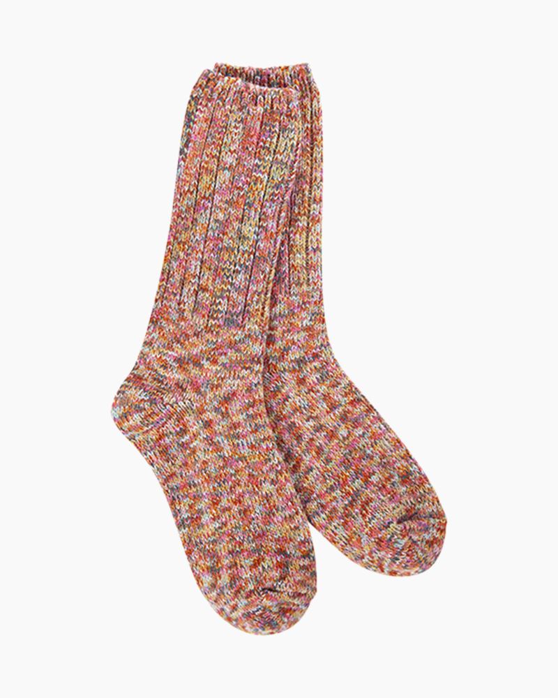 Women's pink, orange and gold marled ragg crew socks, flat lay