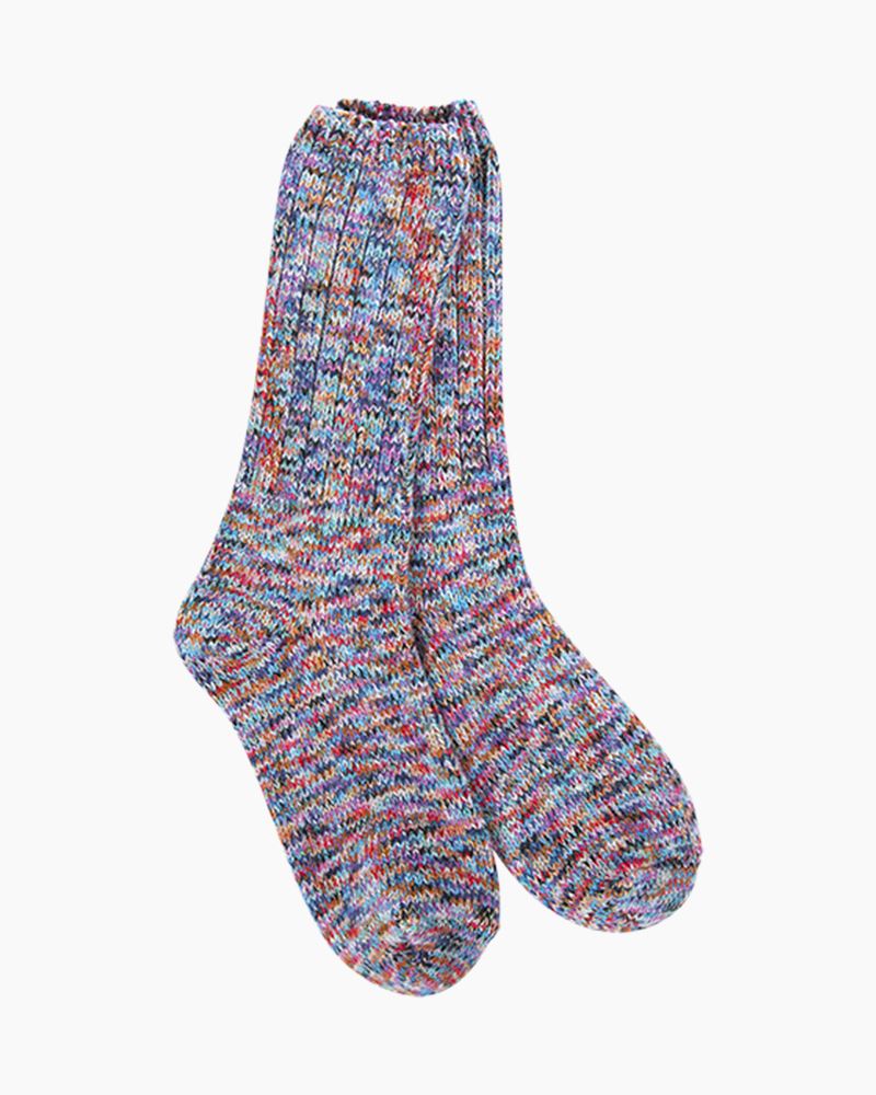 Women's multicolor indigo ragg crew socks flat lay, confetti-speckled chunky knit