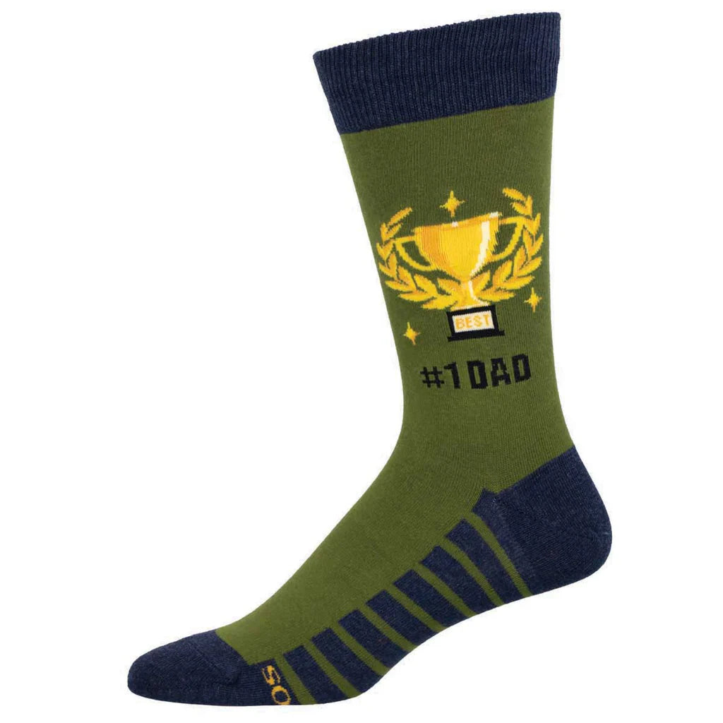 Men's #1 Dad crew sock, olive green with gold trophy and number-one dad text, flat side view