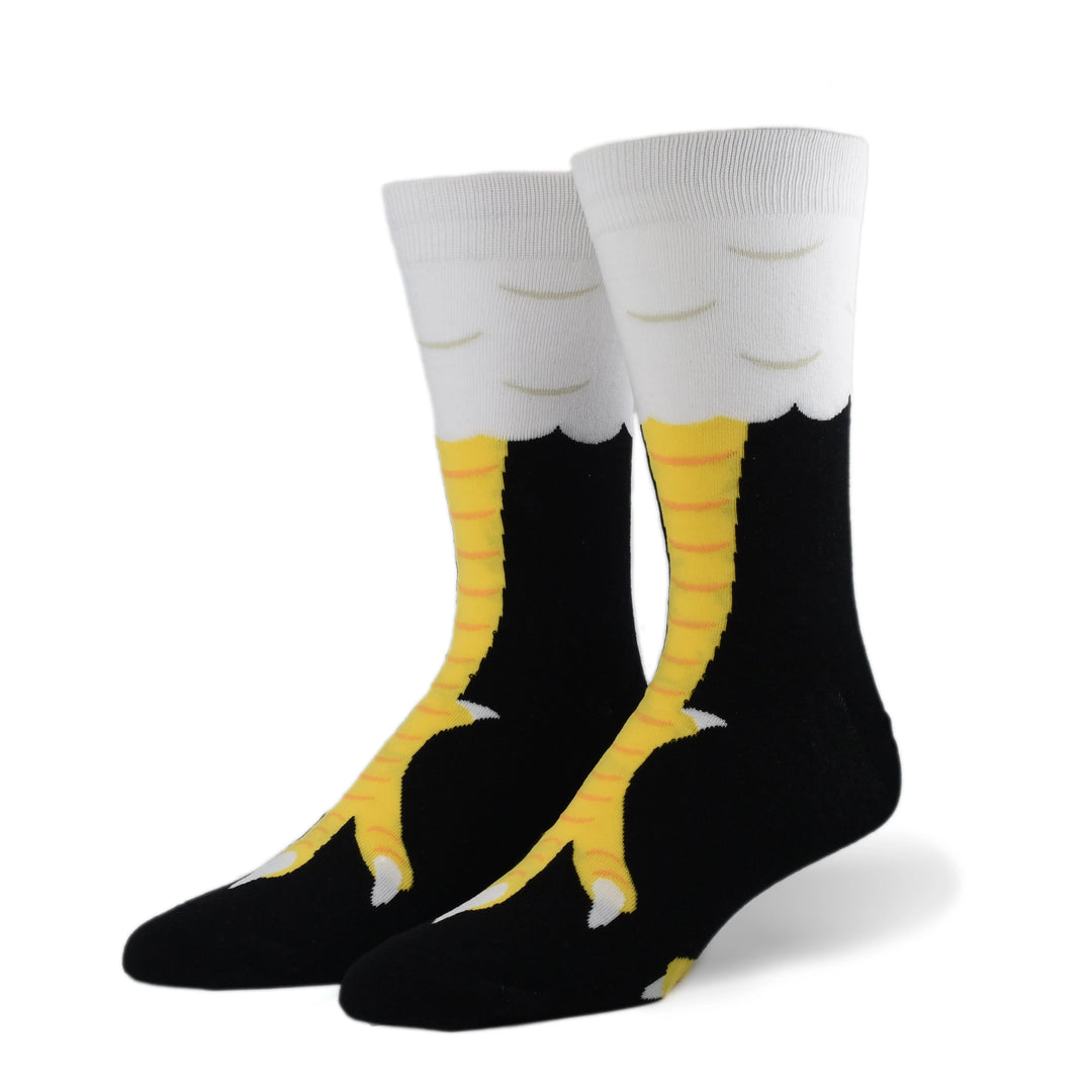 Men's chicken feet crew socks laid flat with feathered legs and yellow talons