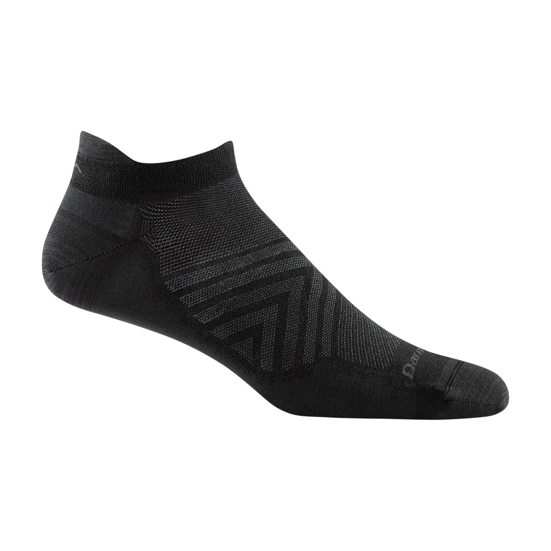 Men's black no-show running socks, flat side view with heel tab