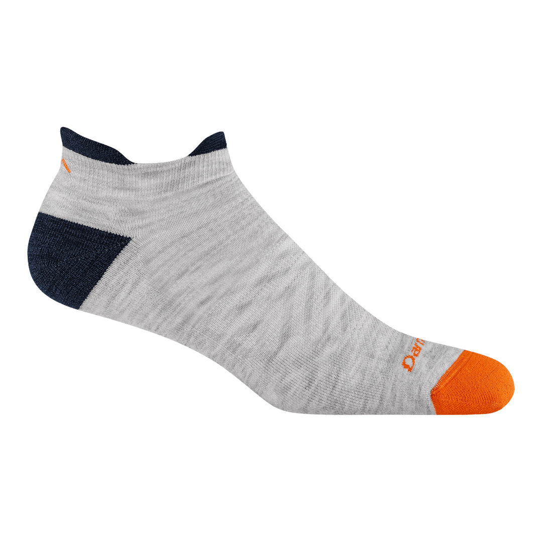 Men's ash grey ultra-lightweight no-show running socks with navy heel and orange toe, flat side view