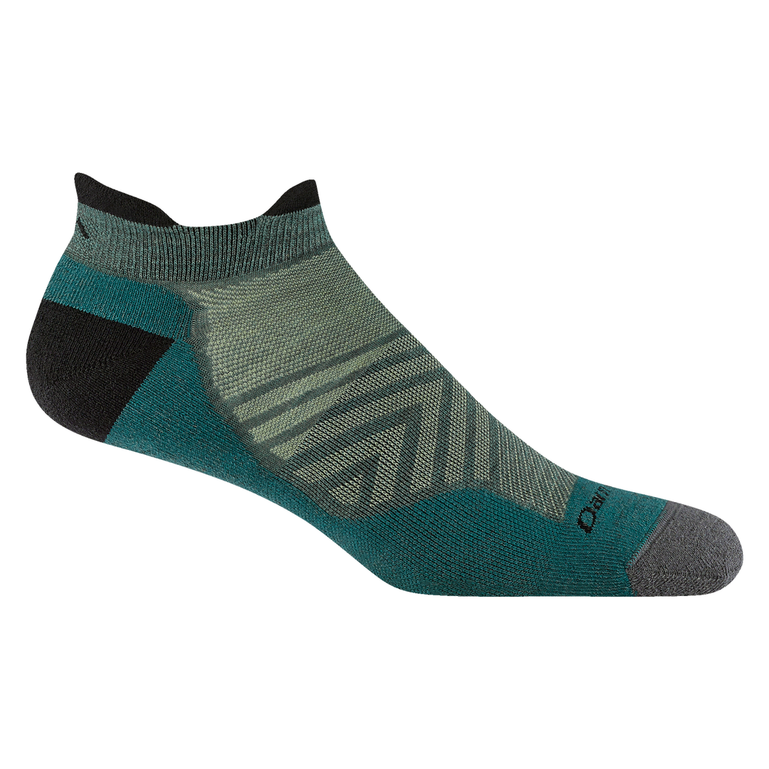 Men's teal no-show running sock, flat side view with charcoal heel and chevron venting