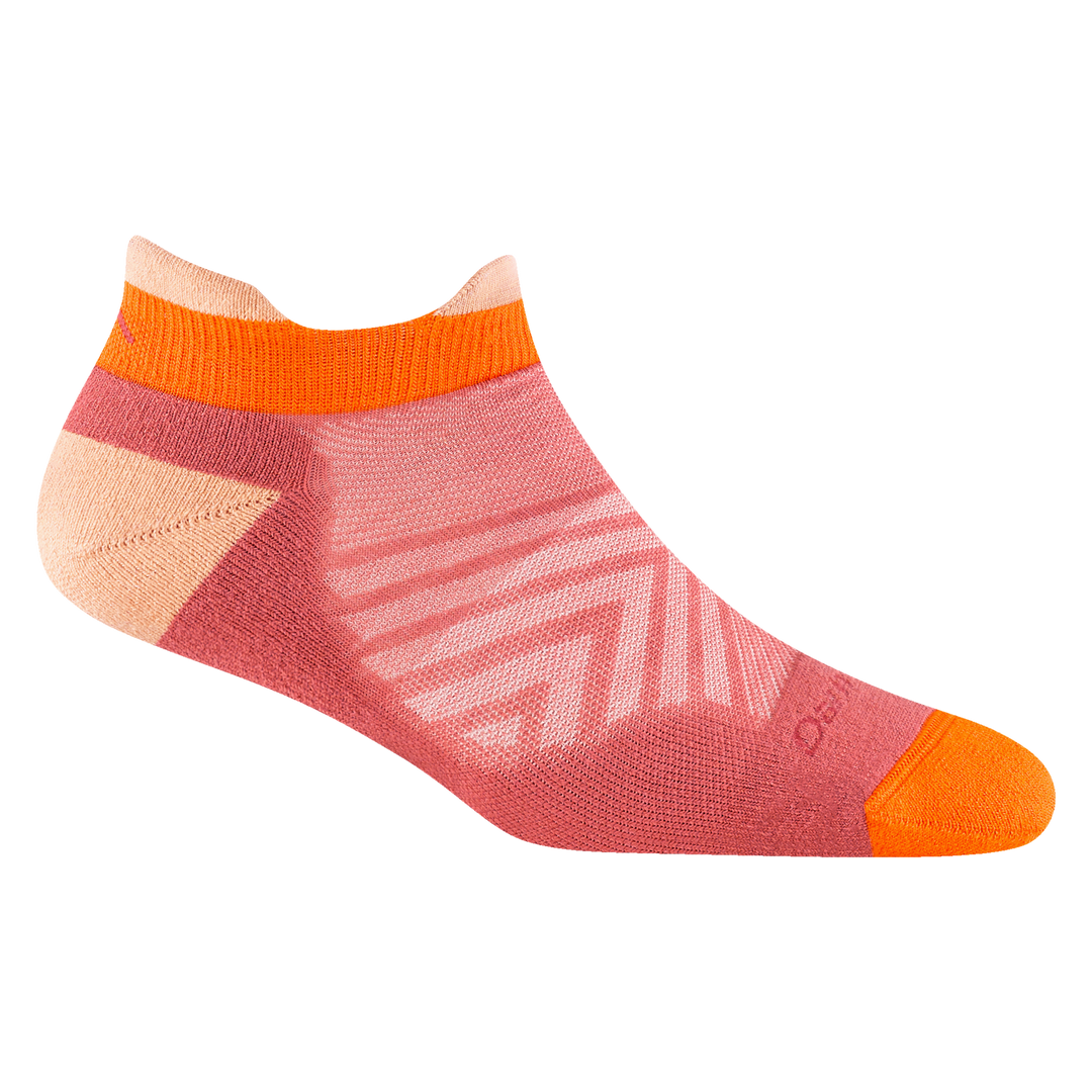 Women's coral and orange no-show running sock, flat side view with heel tab and mesh venting