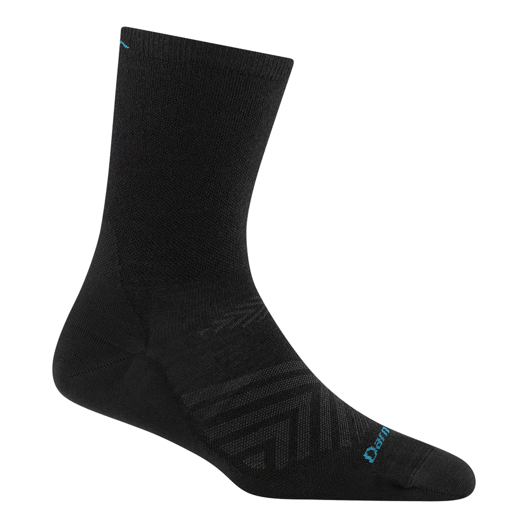 Black micro crew running sock with blue logo accents