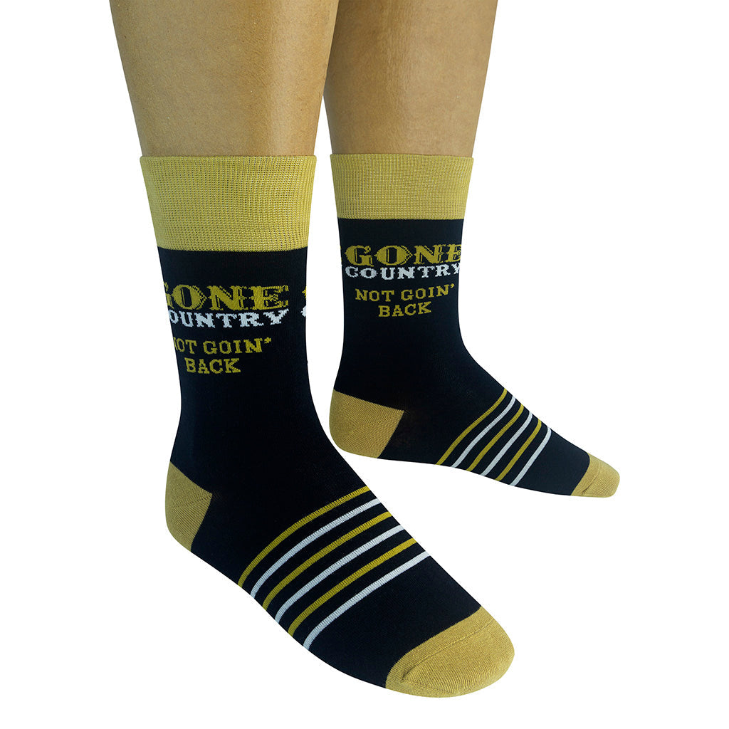 Unisex Gone Country crew socks worn, front view on legs