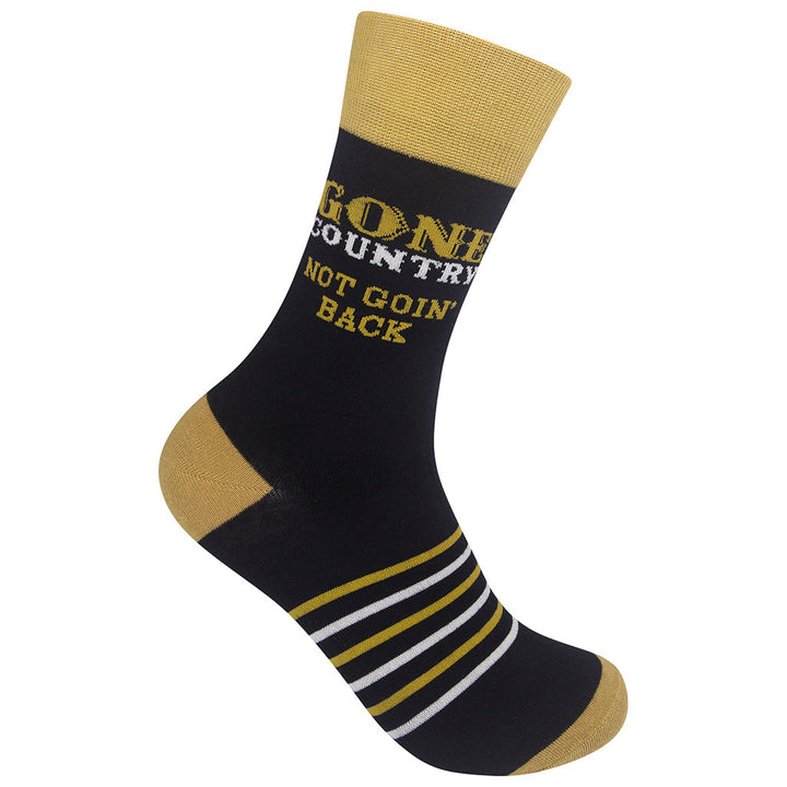 Unisex Gone Country crew socks laid flat with text and gold stripes
