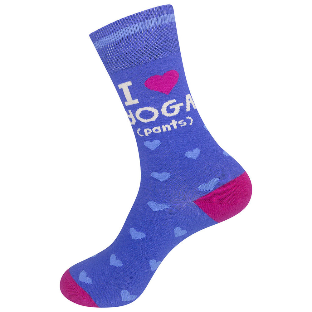 Unisex I Love Yoga Pants crew socks top view of single sock