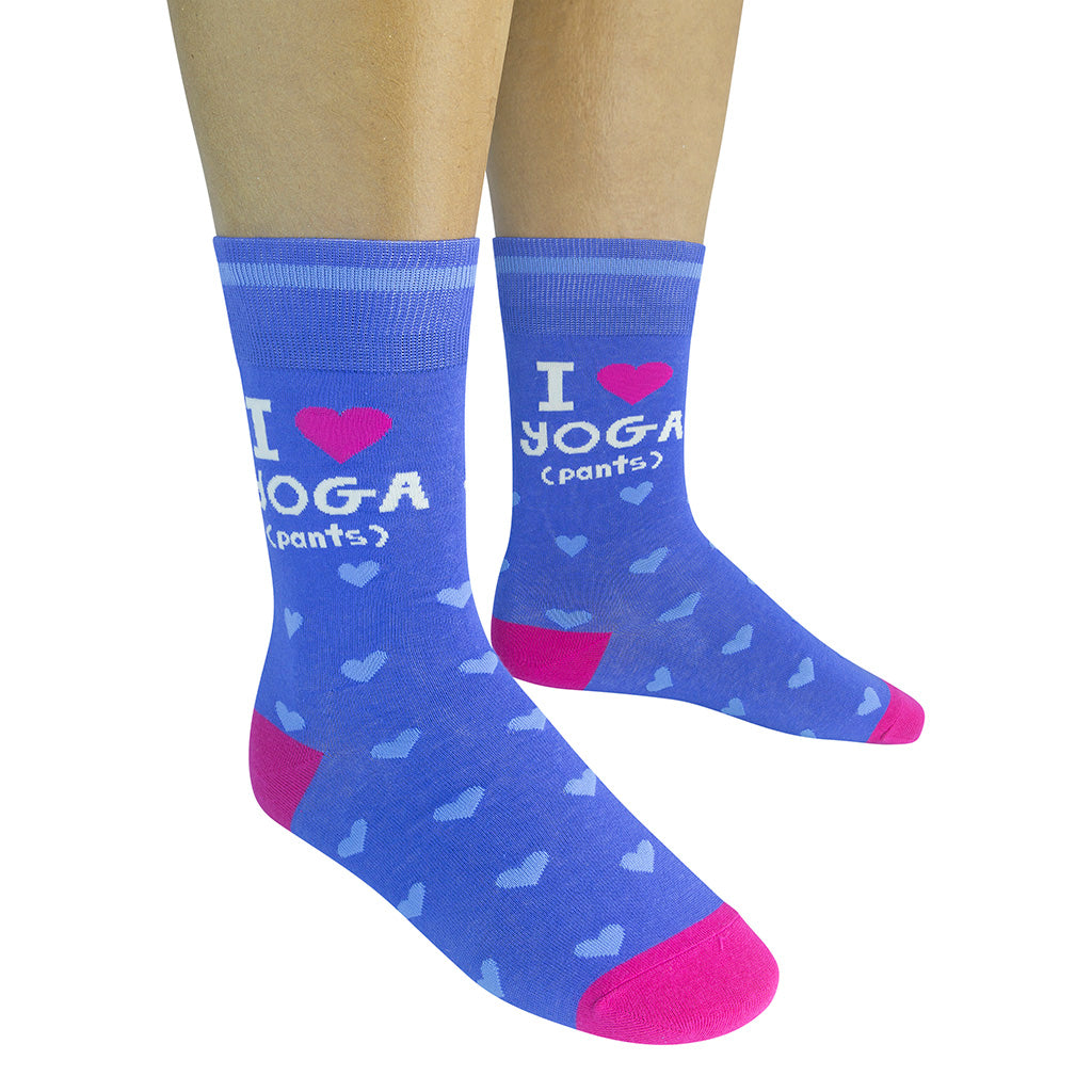 Unisex I Love Yoga Pants crew socks worn, front view on legs