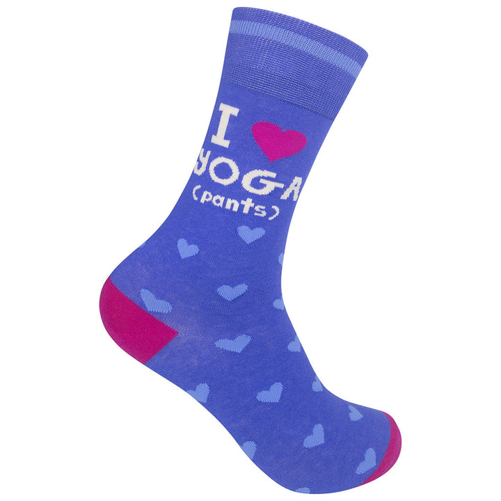 Unisex I Love Yoga Pants crew socks laid flat with hearts on periwinkle