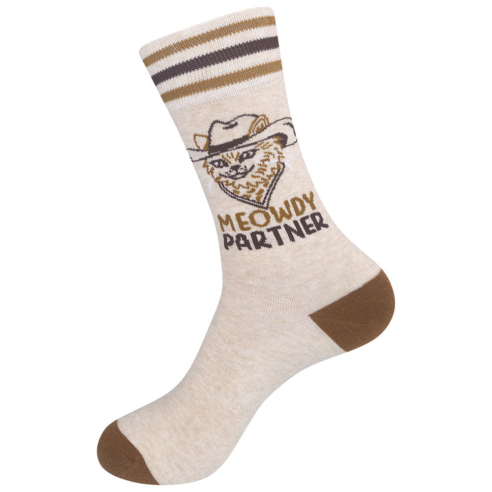 Unisex Meowdy Partner crew socks top view of single sock