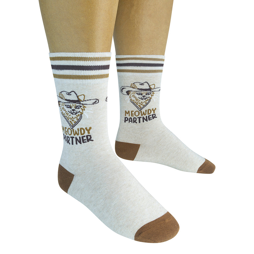 Unisex Meowdy Partner crew socks worn, front view on legs