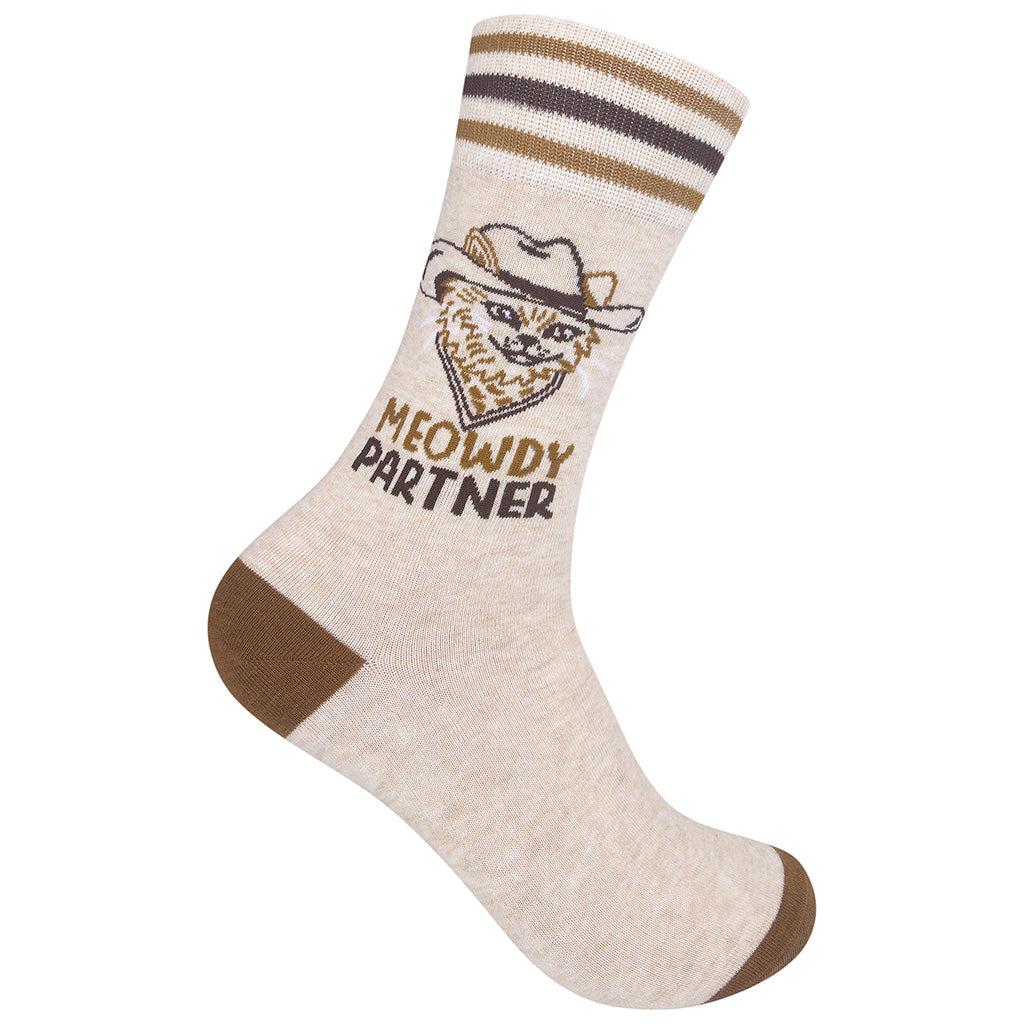 Unisex Meowdy Partner crew socks laid flat with cowboy cat design
