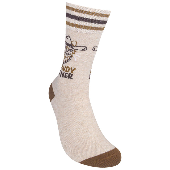 Unisex Meowdy Partner crew socks angled view of single sock