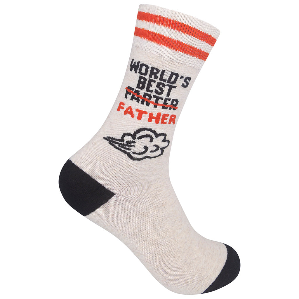 Unisex World's Best Farter Father crew socks laid flat with text and toot cloud
