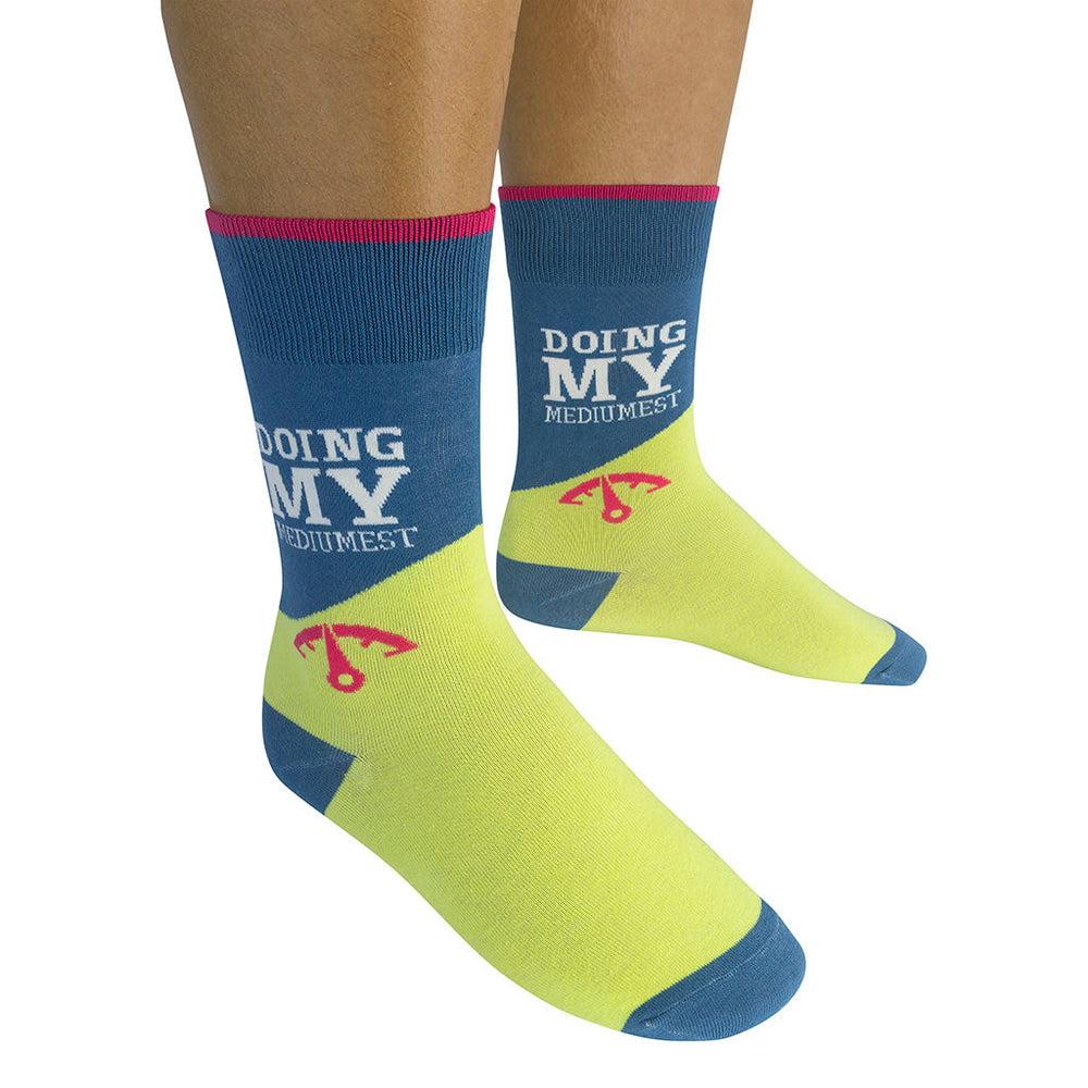 Person wearing Doing My Mediumest socks in lifestyle setting