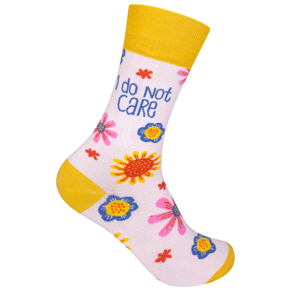 I Do Not Care pink crew socks with flowers and blue text - right foot view