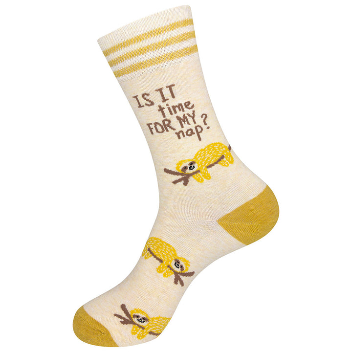 Yellow nap time socks left foot showing sloth and text detail
