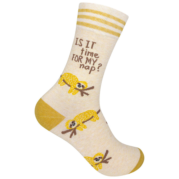 Is It Time For My Nap yellow crew socks with sloths - right foot view