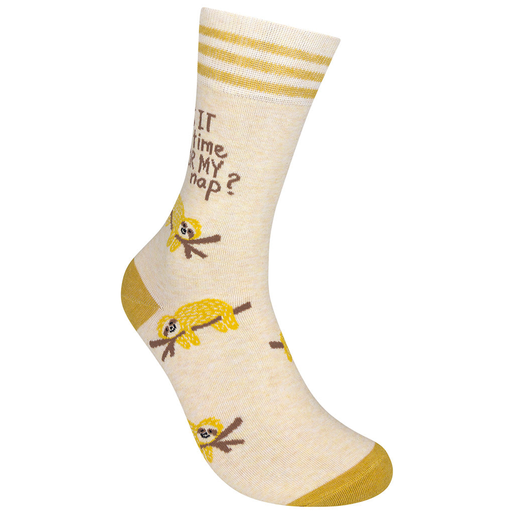 Nap time socks right angle view with full sloth graphic
