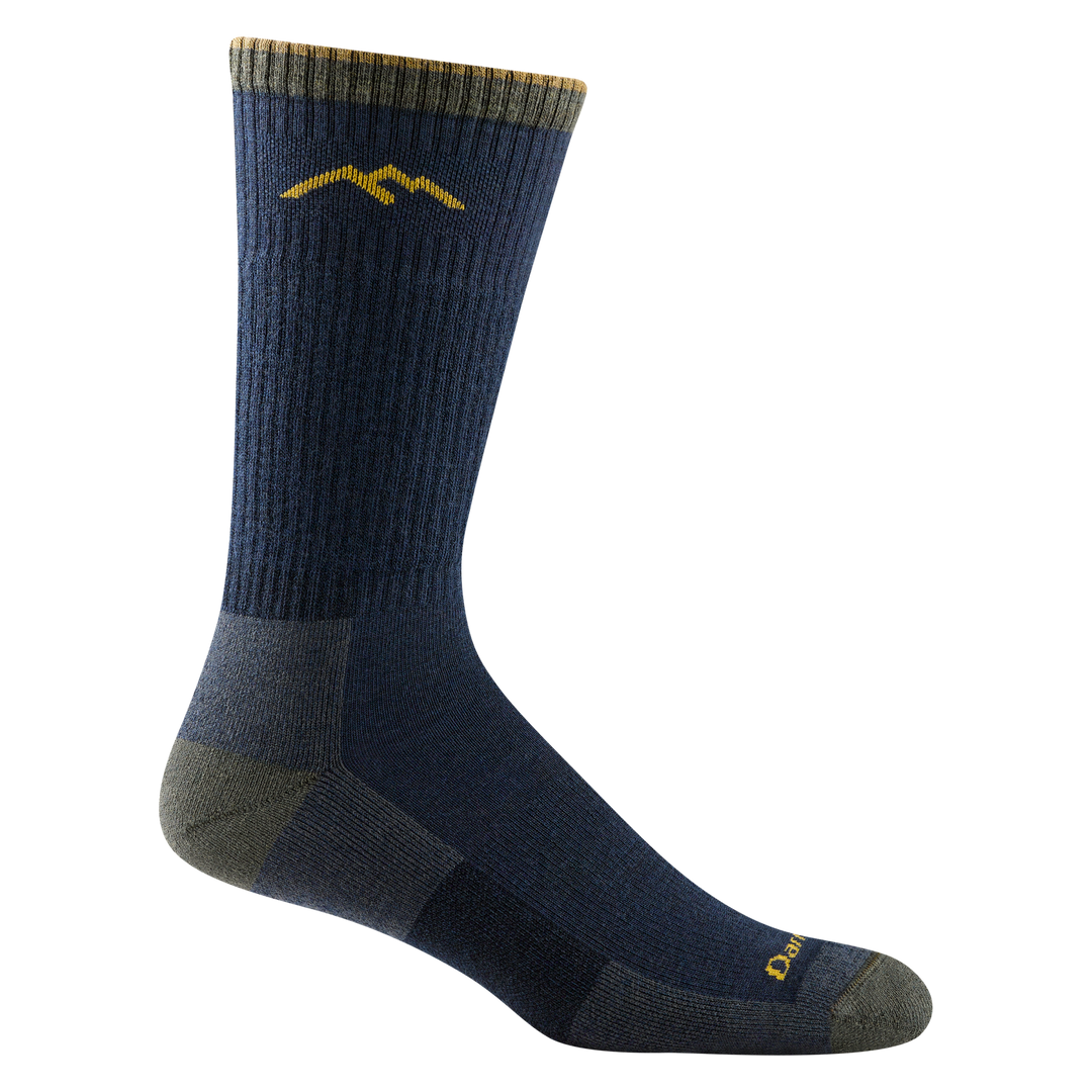 Men's navy hiker boot sock, flat side view with gold stripe top and cushioned heel