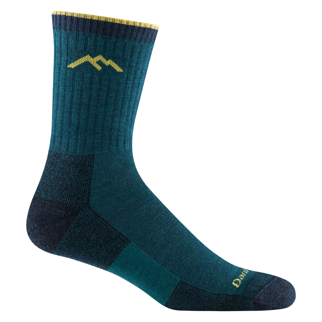 Men's dark teal hiker micro crew sock, flat side view with gold mountain logo and cushioned heel