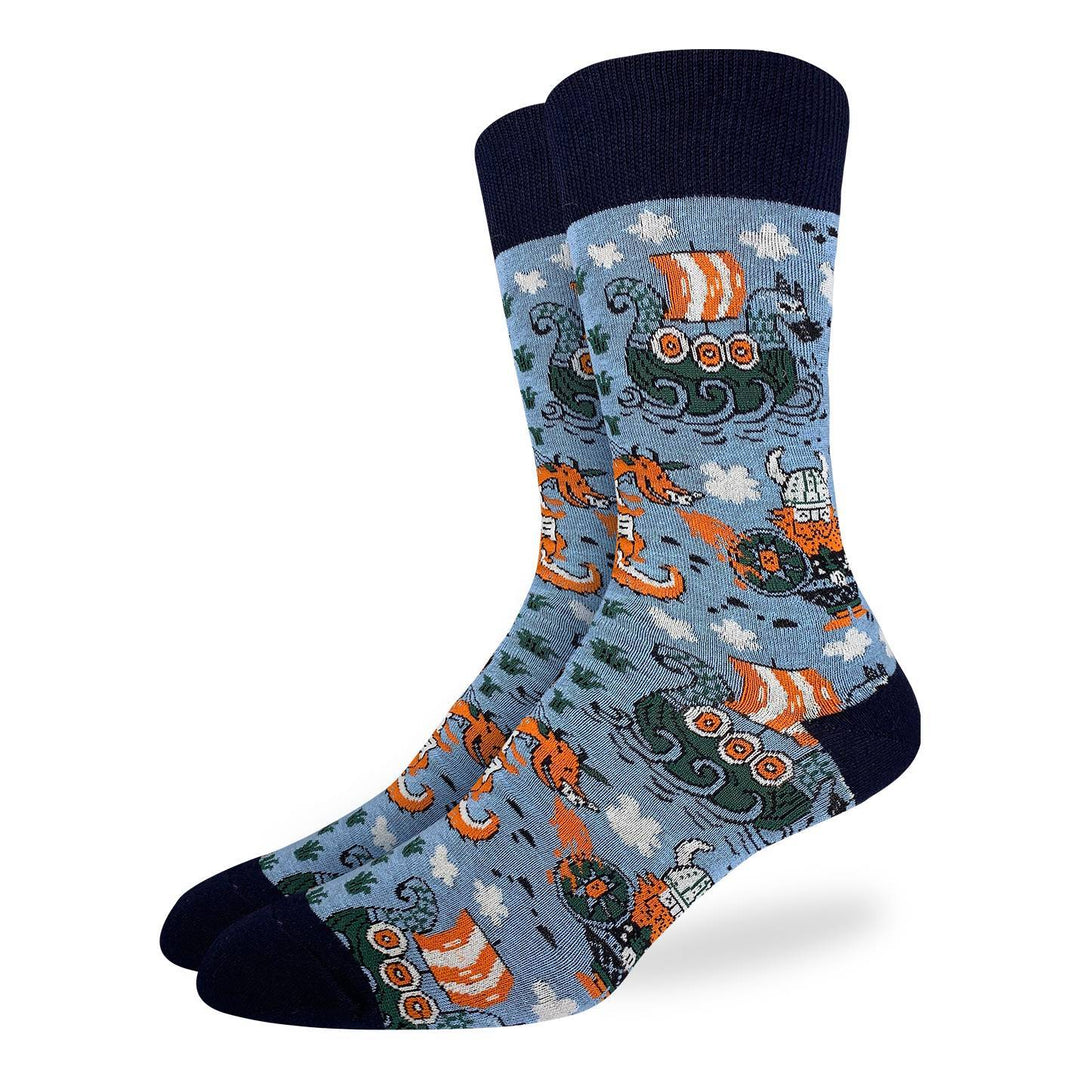 Men's Viking crew socks in slate blue with green longships and striped sails, flat product view