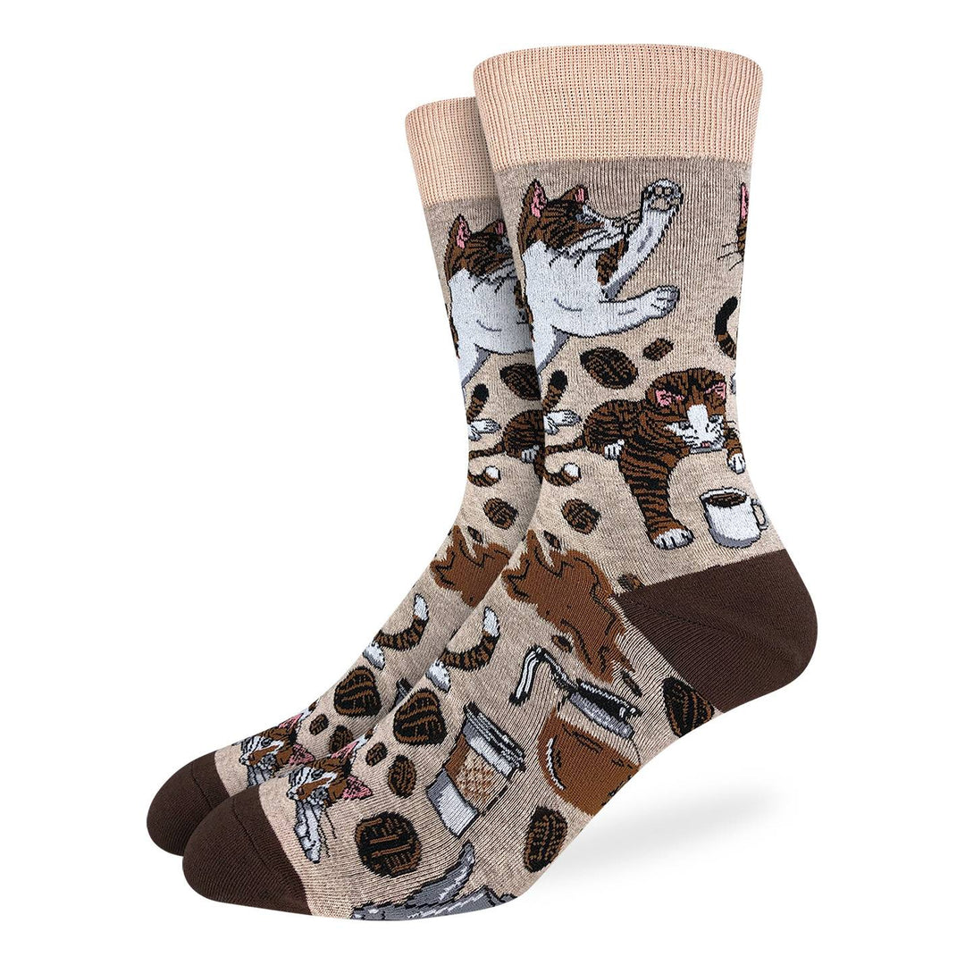Men's coffee cat crew socks in oatmeal brown with tabby cats, coffee beans and mugs, flat product view