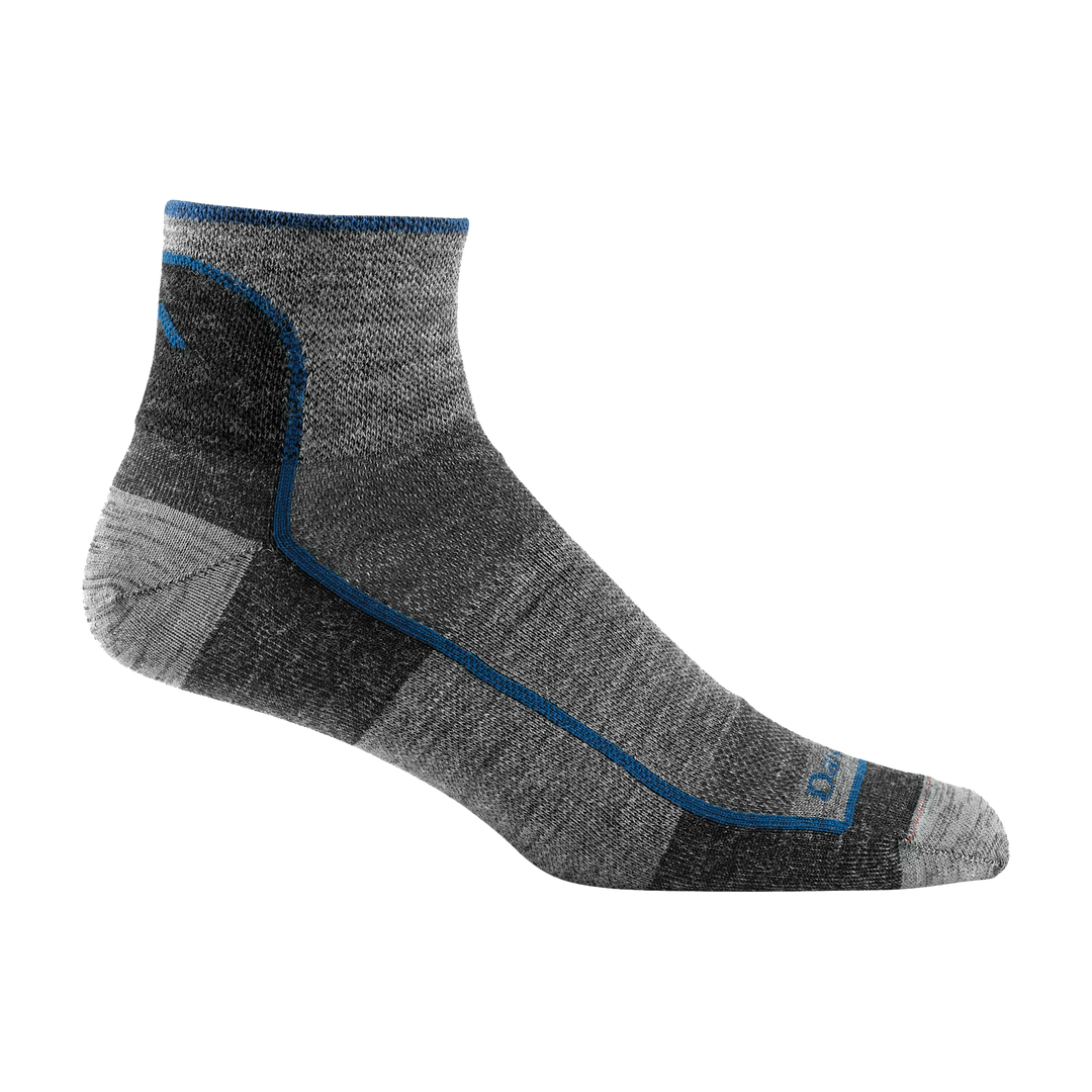Men's charcoal quarter-crew athletic sock, flat side view with blue accent line