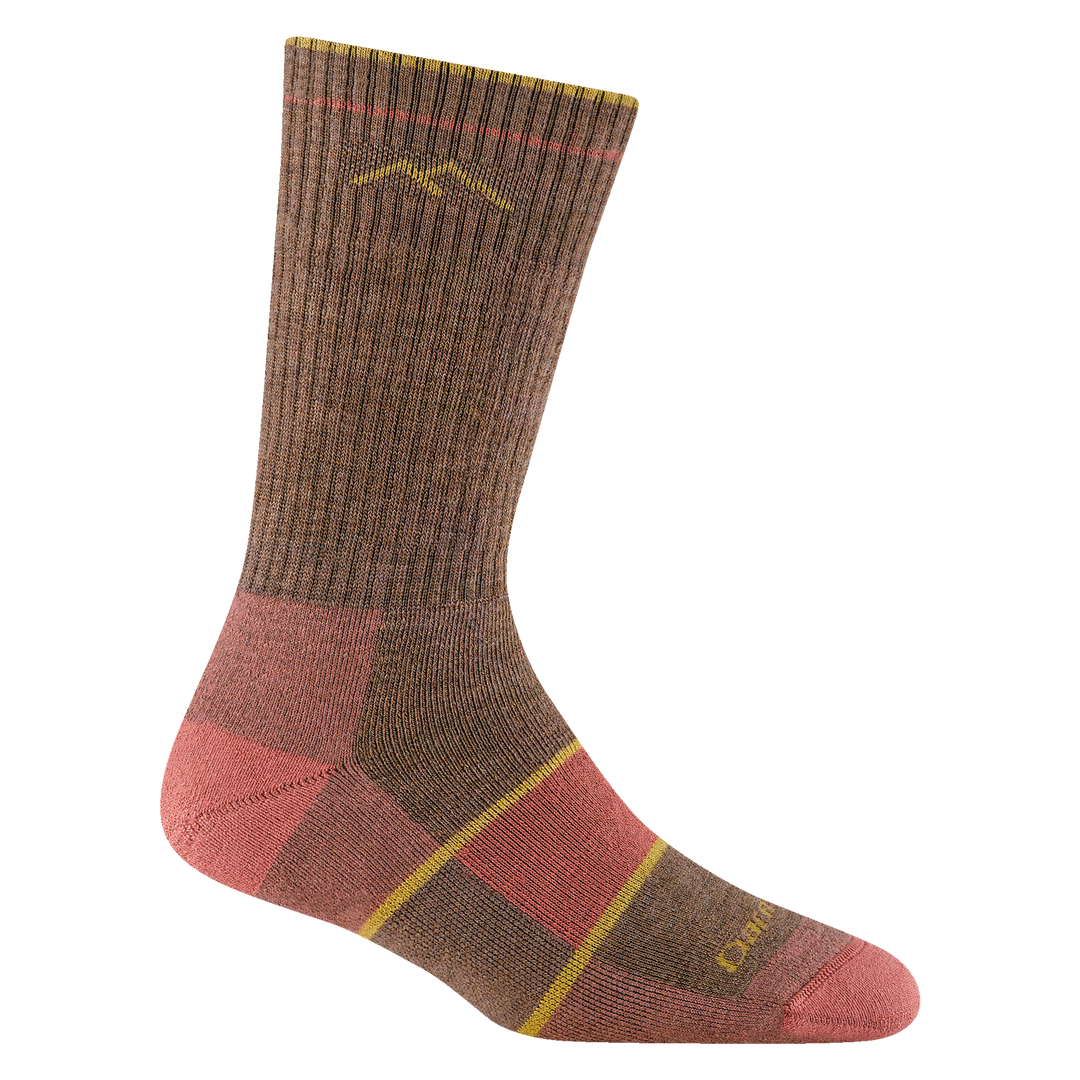 Women's bark brown hiker boot sock, flat side view with rose heel and gold accents