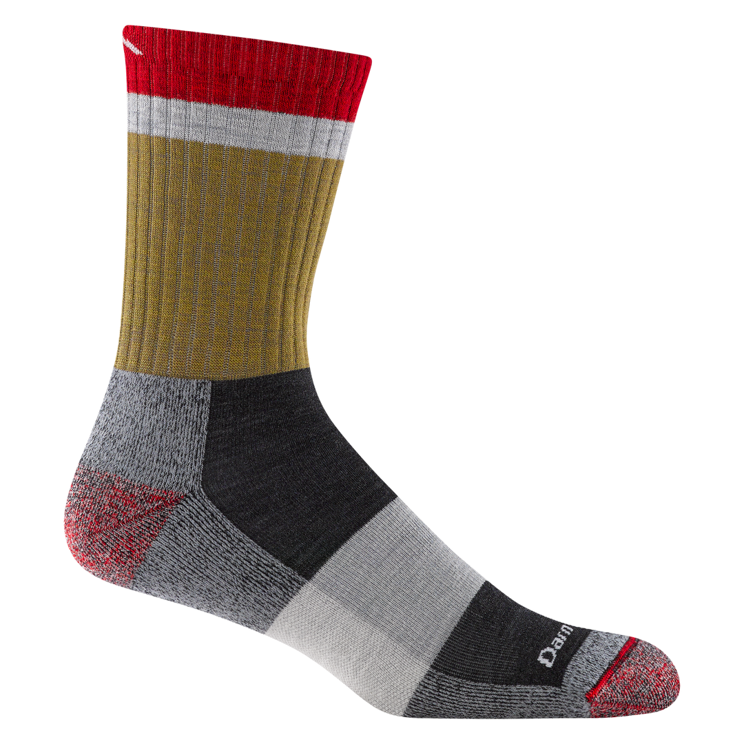 Men's ash heady-stripe micro crew sock, flat side view with red striped cuff and olive shaft