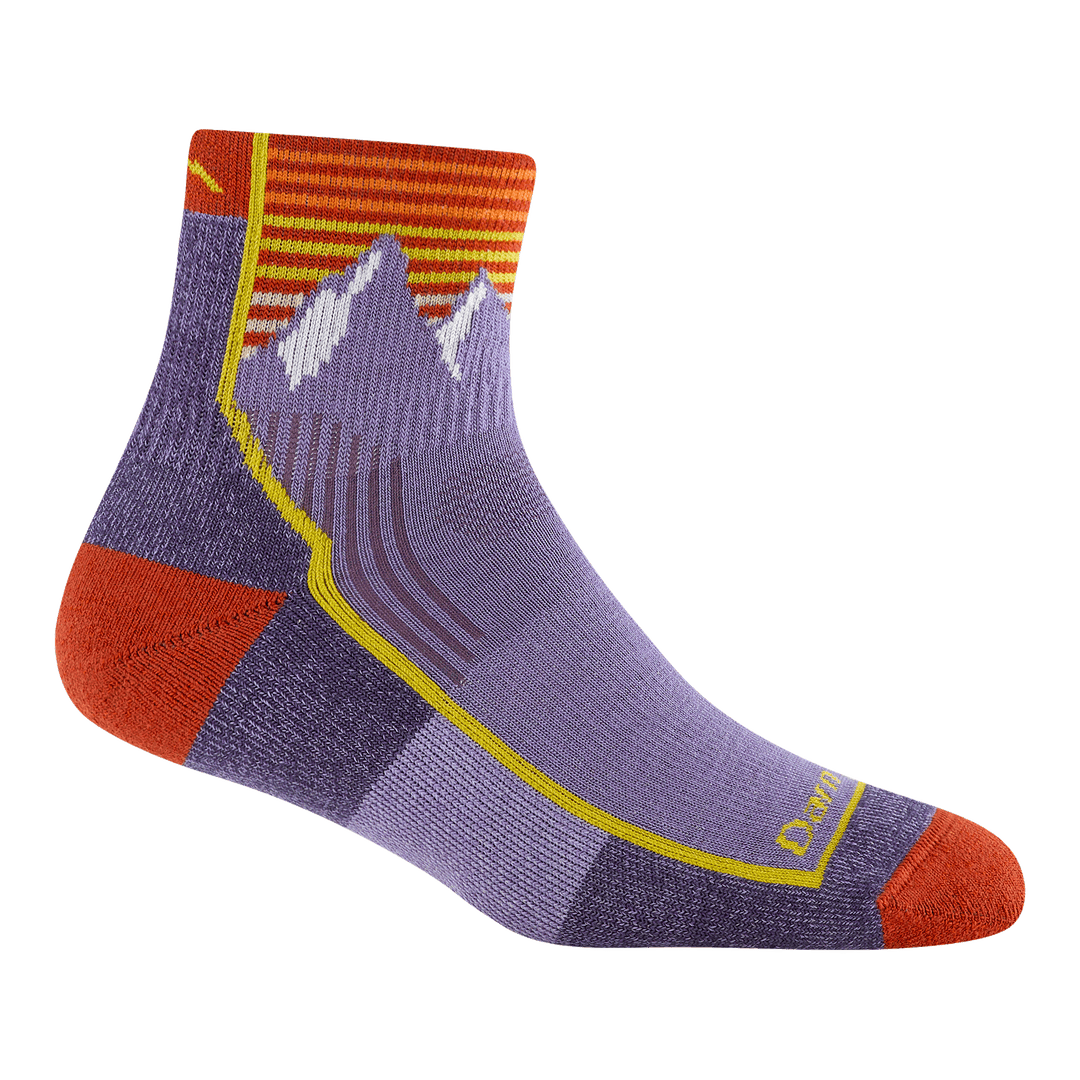 Mountain Lupine quarter hiking sock with purple body and mountain cuff detail