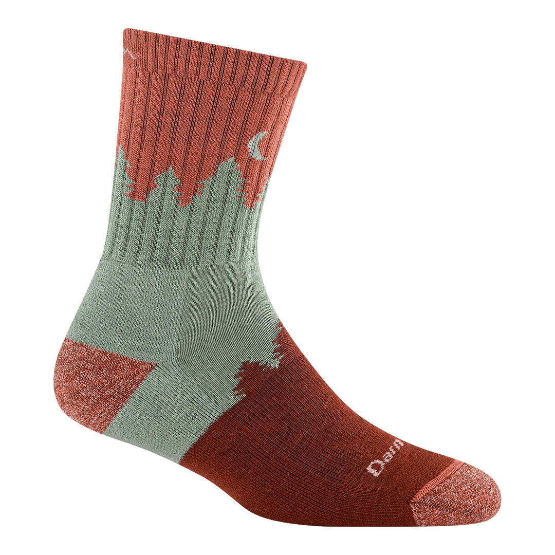 Canyon treeline micro crew hiking sock with tree and moon cuff graphic