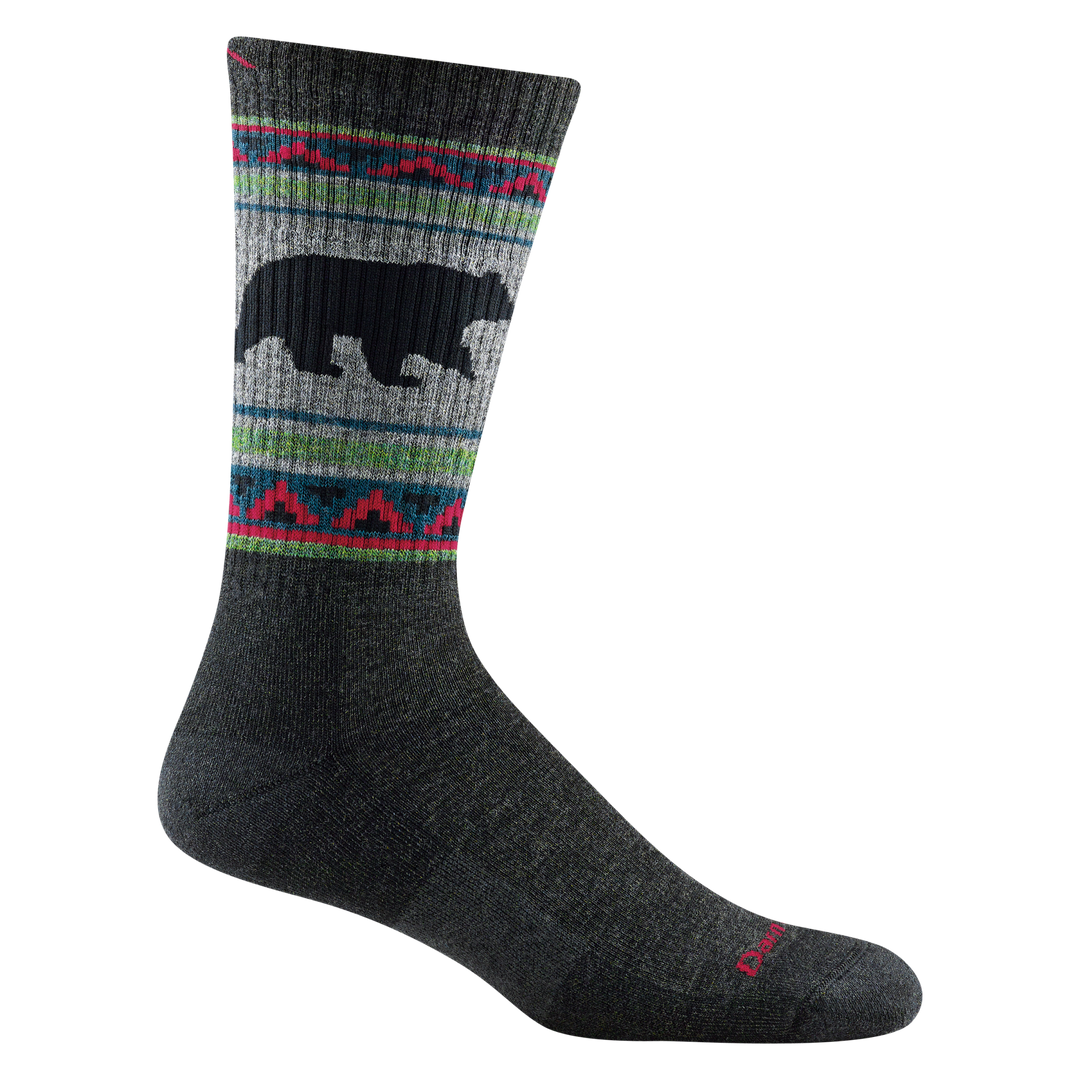 Charcoal Vangrizzle hiking boot sock with striped cuff and black bear graphic