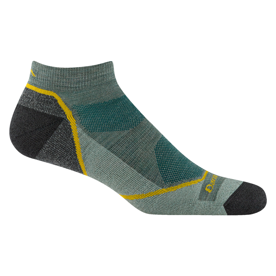 Men's seafoam light hiker no-show sock, flat side view with teal panels and yellow accent line