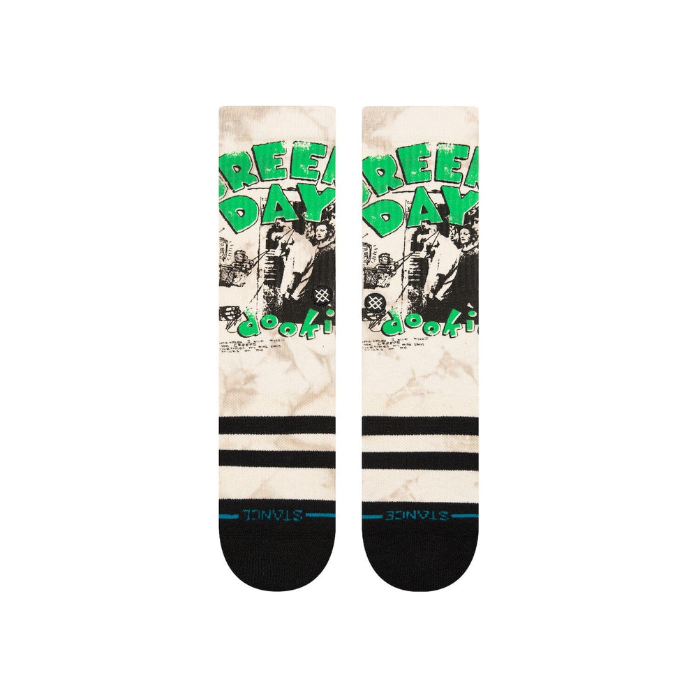 Men's Green Day Dookie crew socks, back view showing green band lettering