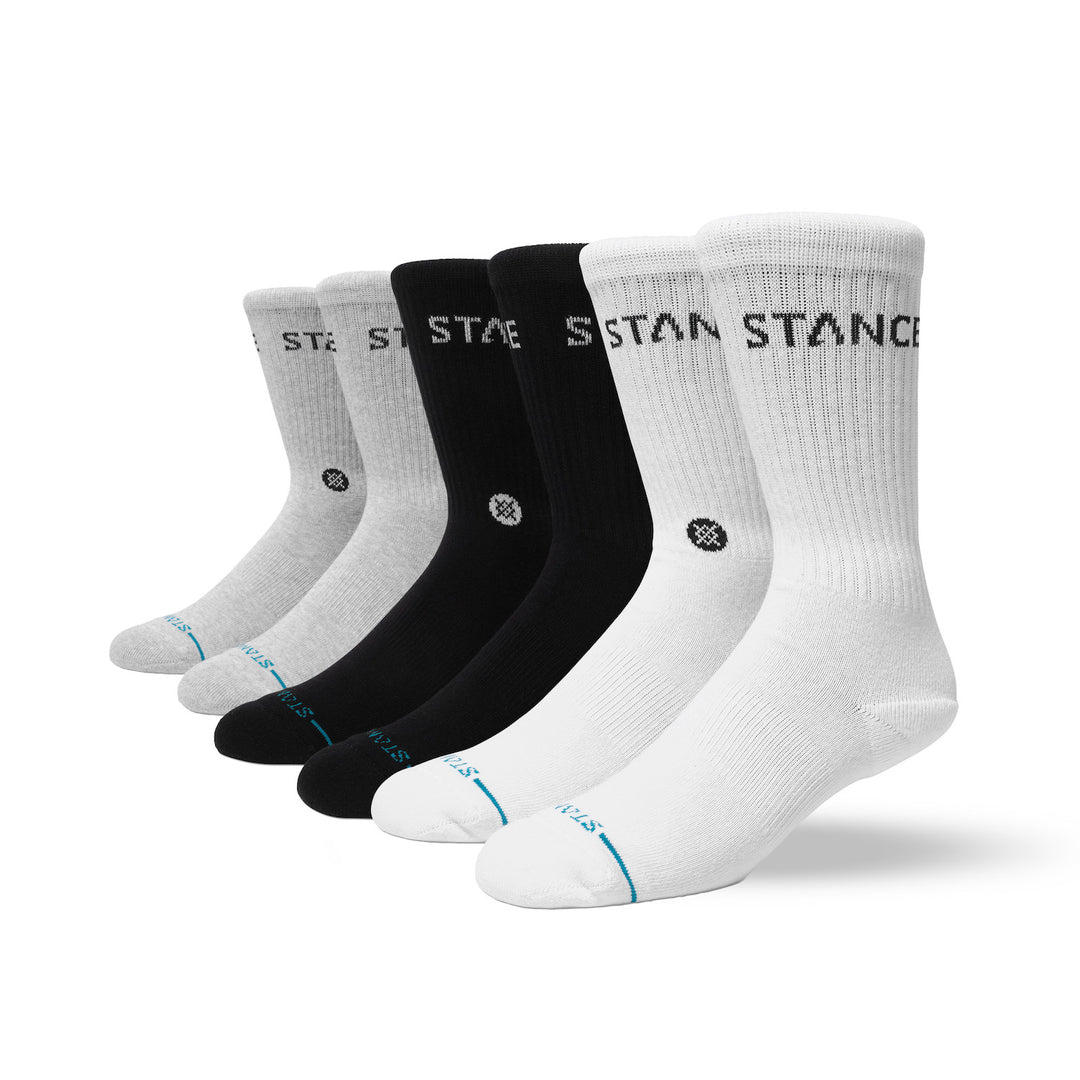 Men's Origin 6-pack crew socks laid flat in gray, black and white