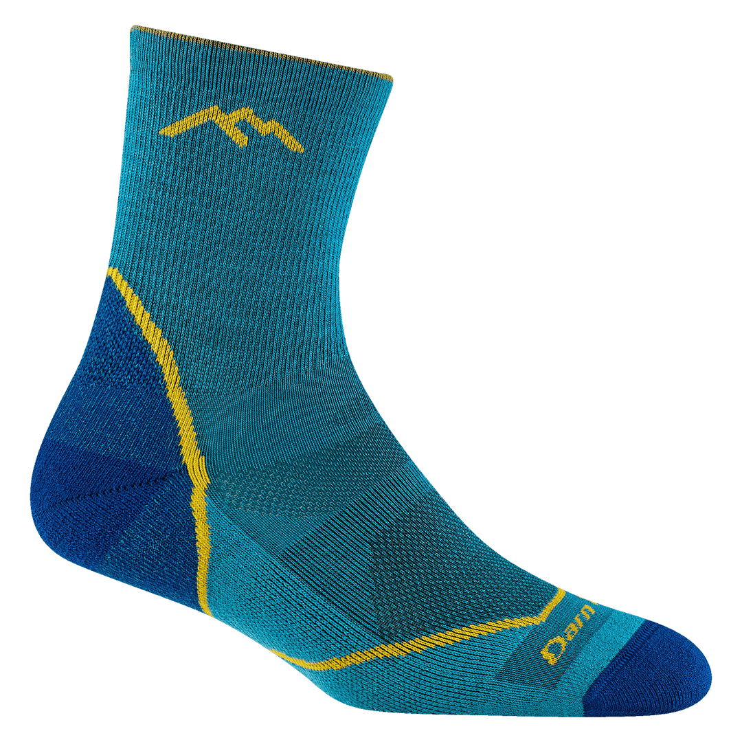 Kids' teal hiker micro crew sock with yellow mountain logo, flat side view