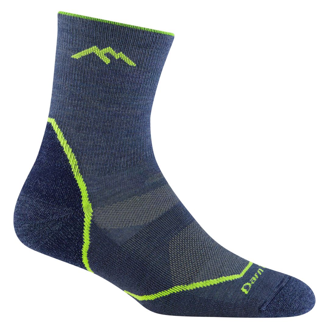 Kids' denim-blue hiker micro crew sock with green mountain logo, flat side view