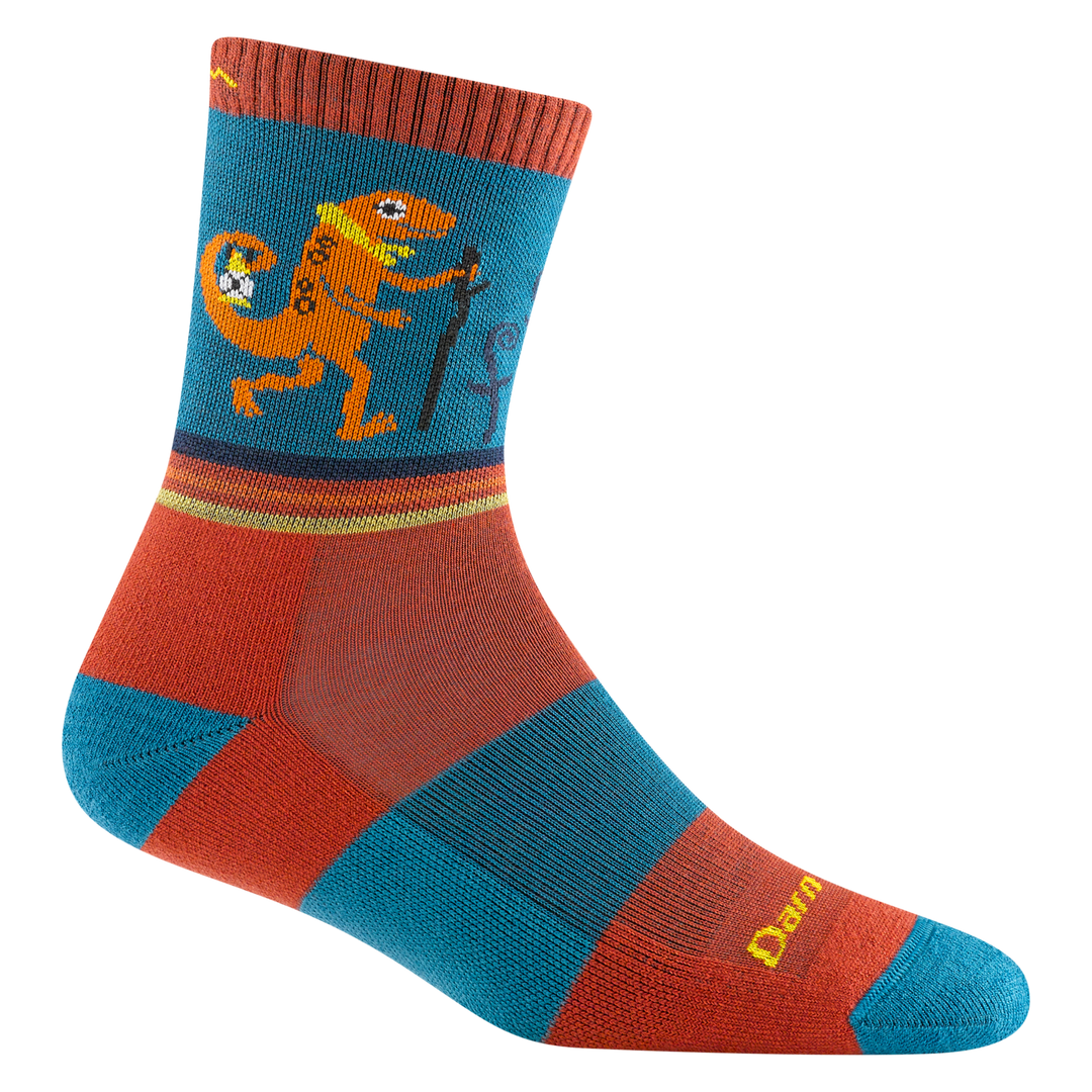 Kids' dinosaur micro crew sock with hiking T-rex on teal and rust, flat side view