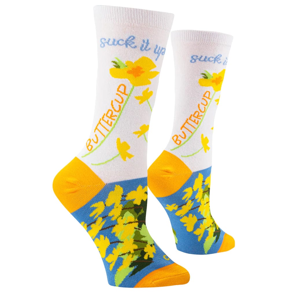 White and blue women's crew socks with yellow buttercups and the phrase Suck It Up Buttercup, with orange heels and toes