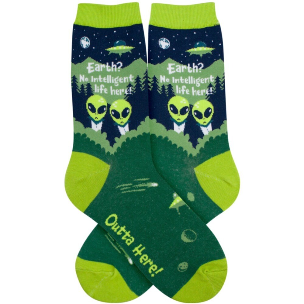 Women's alien crew socks with green aliens, UFOs and stars on navy, flat product shot