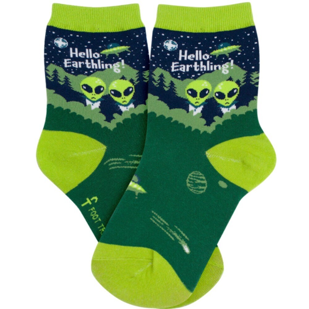 Kids' alien crew socks with two green aliens and 'Hello Earthling!' on green and navy, flat product shot