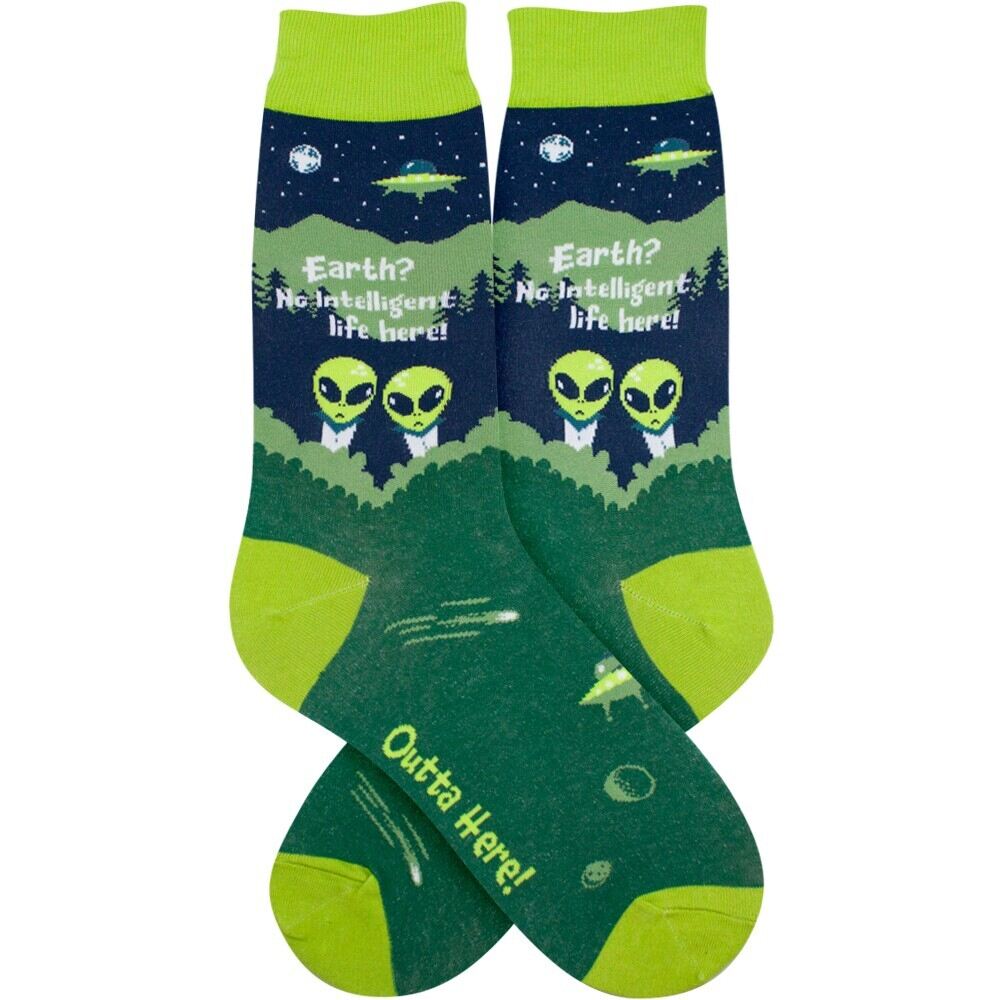 Men's alien crew socks with green aliens and flying saucers on a starry navy background, flat product shot