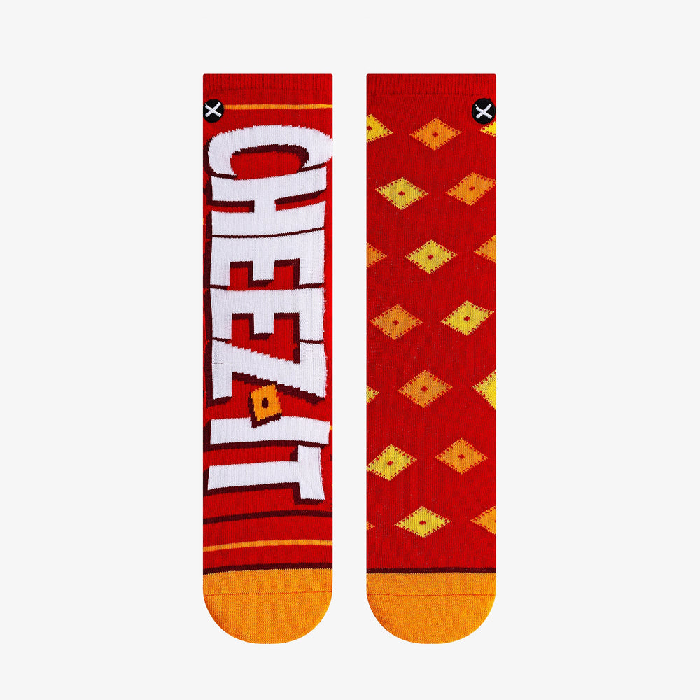 Kids' Cheez-It crew socks top view with logo and crackers on red