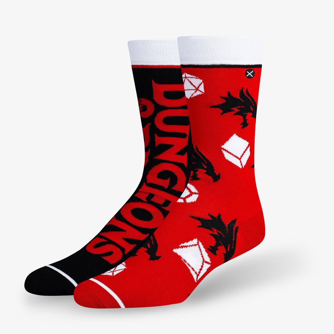 Men's Dungeons & Dragons crew socks laid flat showing logo and dragon dice sides