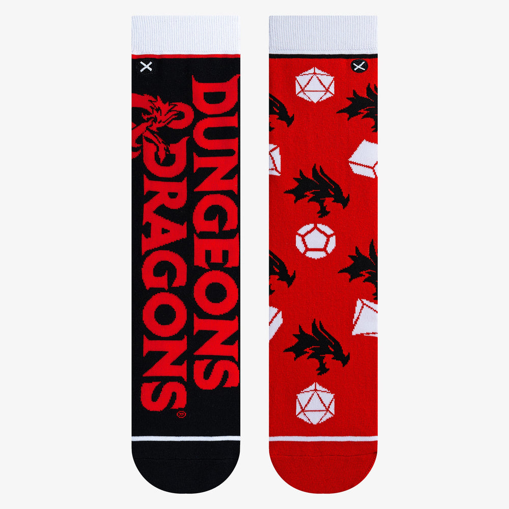 Men's Dungeons & Dragons crew socks top view with logo and d20 dice