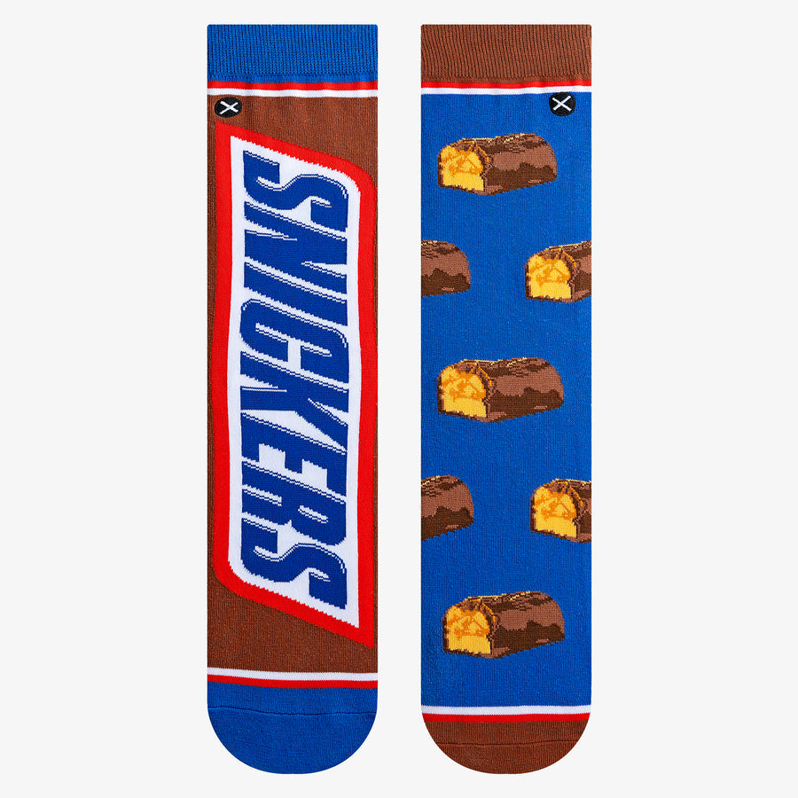 Men's Snickers crew socks, flat front view showing logo and caramel bar print