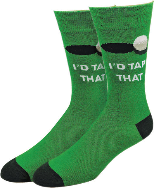I'd Tap That green men's crew socks with beer-keg design, flat product shot